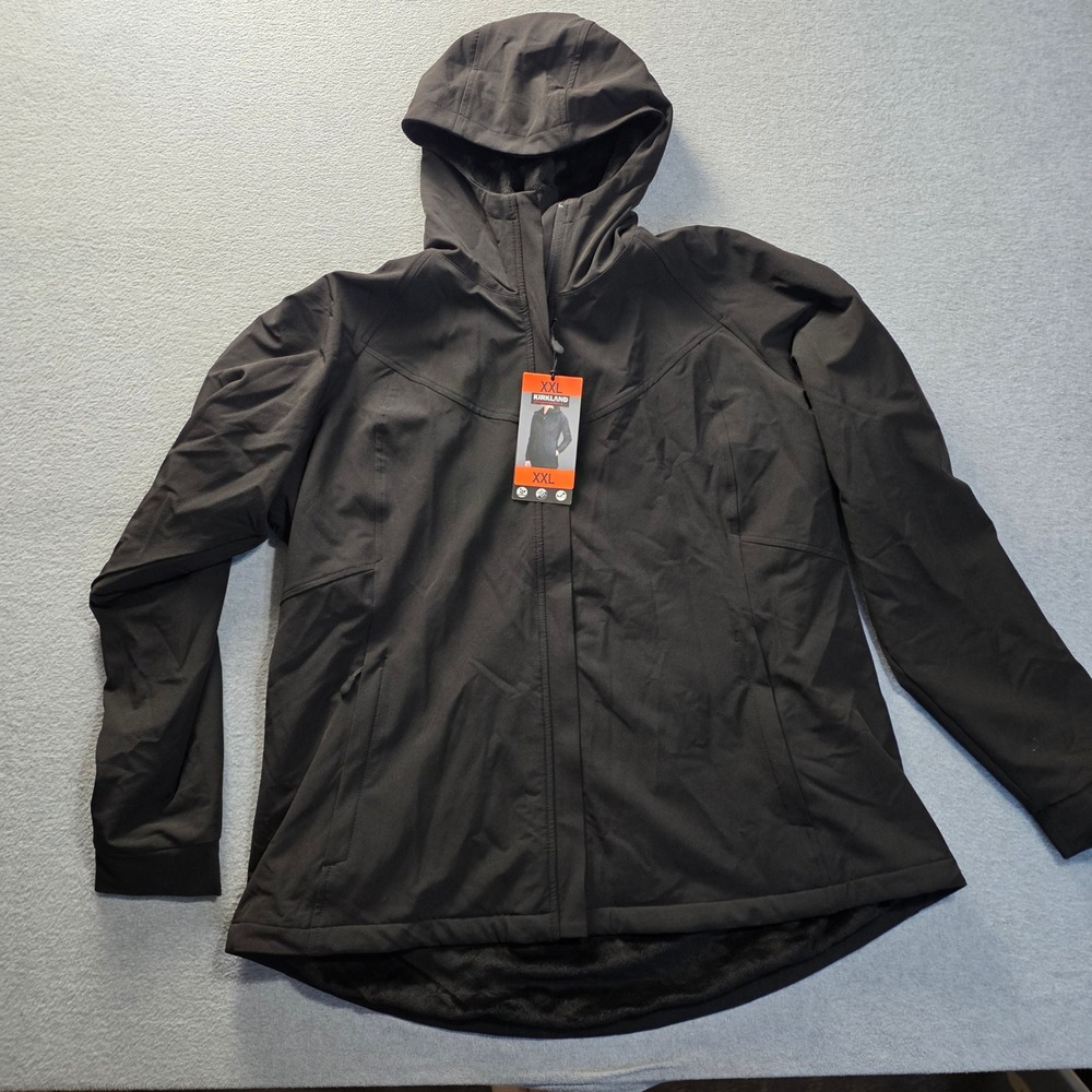 Kirkland Signature Softshell Jacket Womens XXL Black Hooded Fleece Lined Stretch